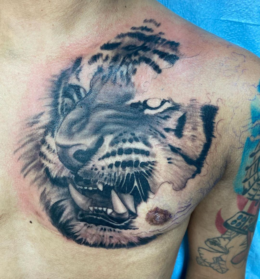 Ripped Skin Tiger Chest Tattoo Design