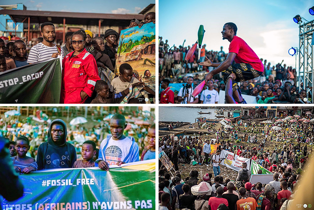 A montage of jugglers, banners, and Stop EACOP supporters at the art action in Goma market.