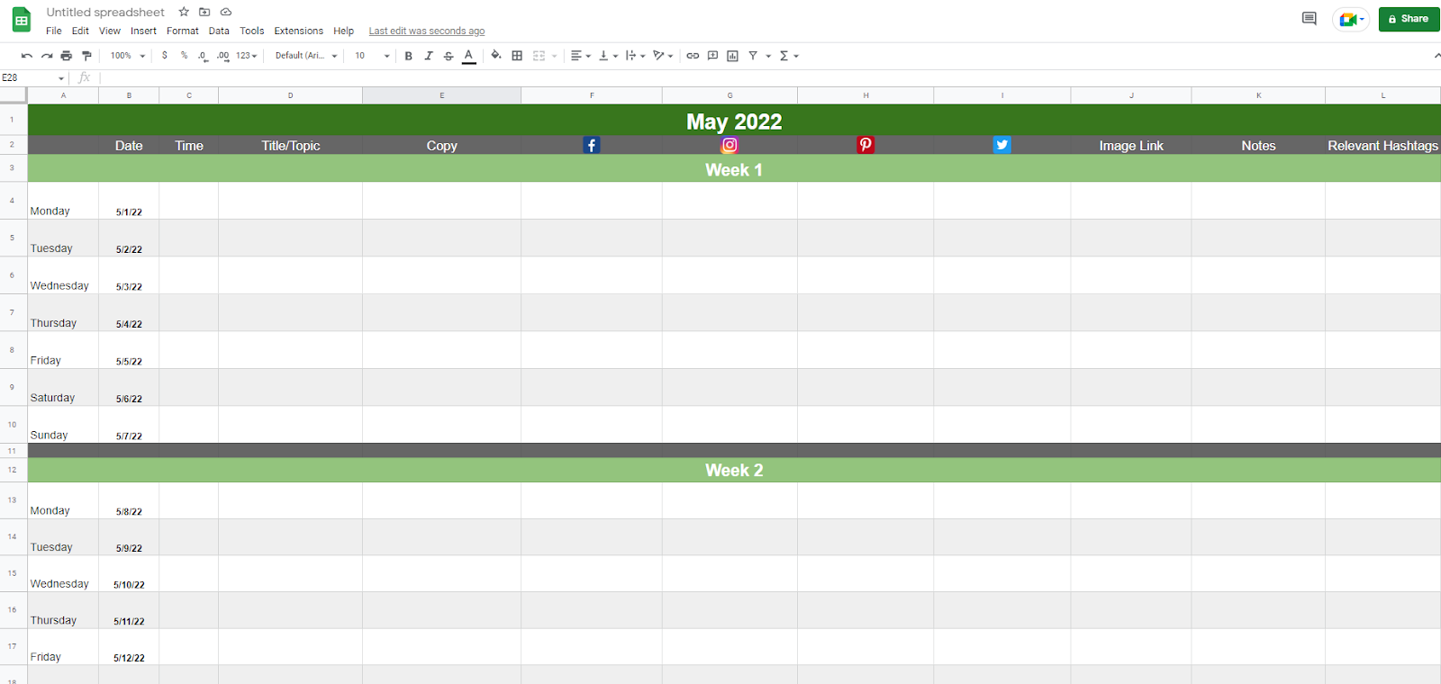 Finished social media calendar in google sheets