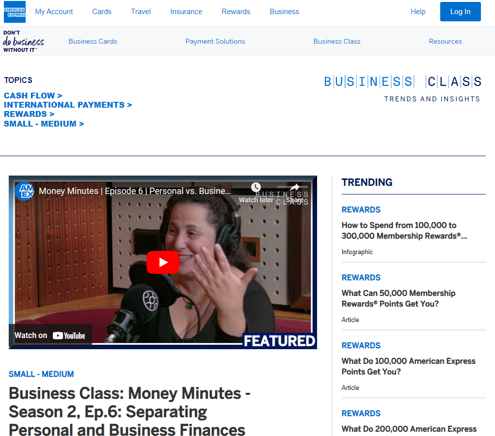 A youtube video on separating personal and business finances takes up the main section of the page. There is a trending tab to the right, and a list of topics in the top left. 