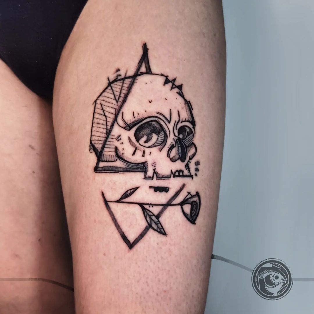 Triangle Skull Tattoo On Thigh