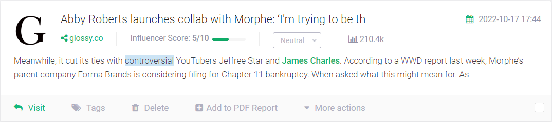 A mention of James Charles found via the Brand24 app.