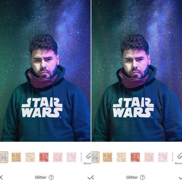 antes e depois de uma edição feita com o AirBrush inspirado em Star Wars