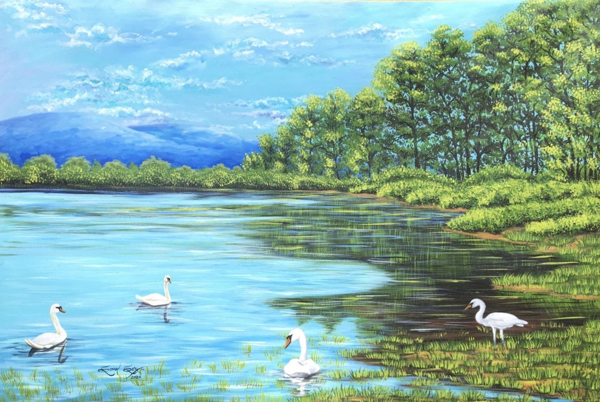 Swan in river landscape painting