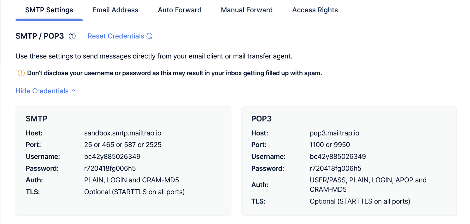 Mailtrap Email Testing SMTP settings