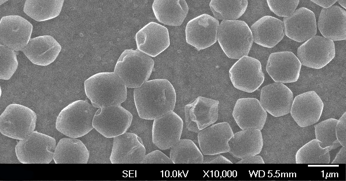 Imaging from a scanning electron microscope (SEM) shows uniform lithium-metal crystals growing on a nanocomposite surface. Image used courtesy of the University of California San Diego