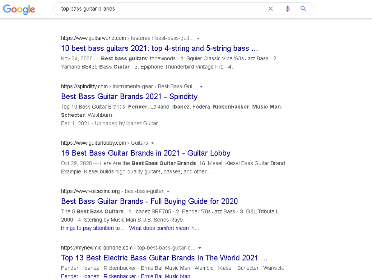 SERP results guitar brands