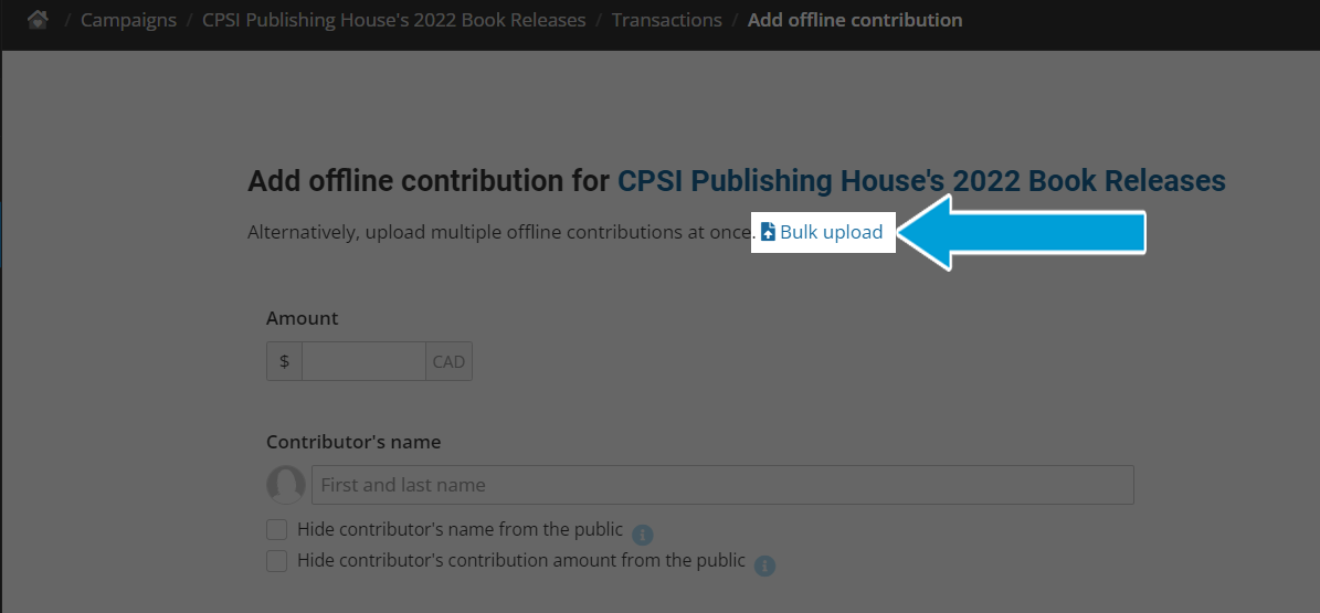 Screenshot of the offline contribution menu with 'bulk upload' highlighted.