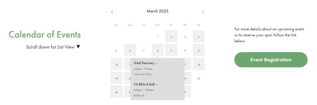 Calendário de eventos do site da igreja Sanctuary, incluindo botão para inscrição e principais informações de cada reunião