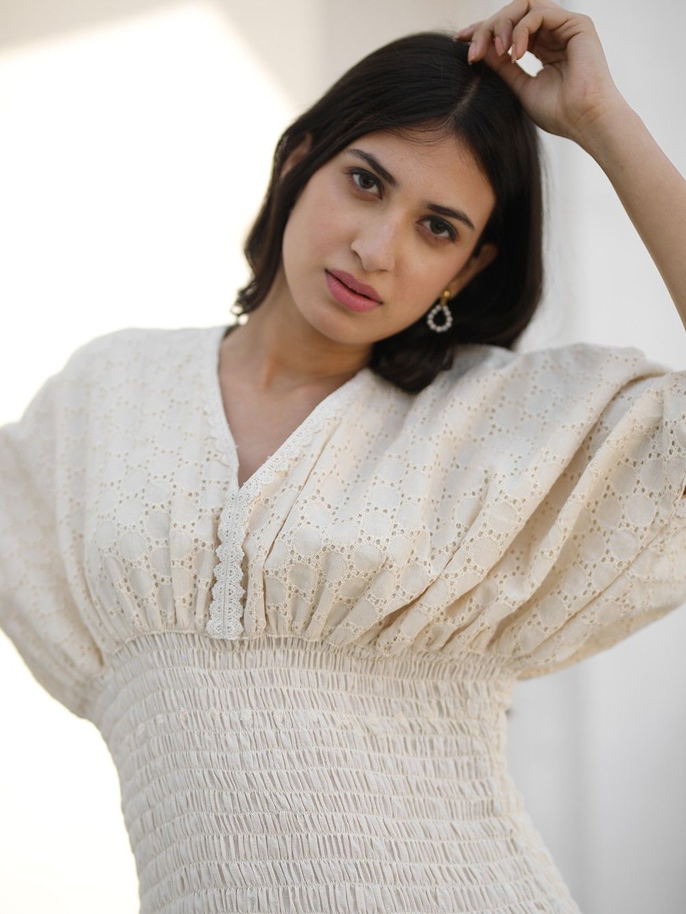 the loom - Off White Schiffli Chikankari Cotton Dress