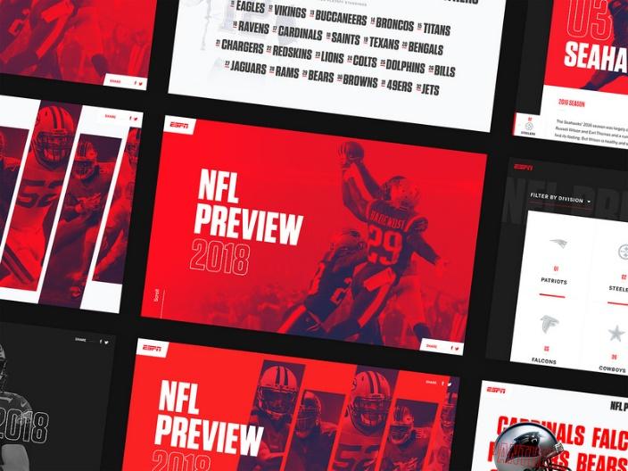 ESPN NFL Preview Screens landing page interface list listing teams duotone sport sports football clean nfl ux ui web website web design