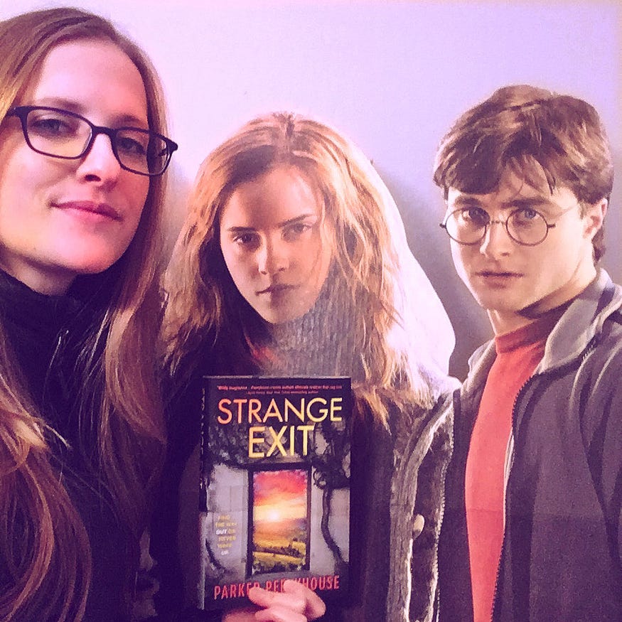 Parker Peevyhouse pictured next to Harry Potter characters with her book Strange Exit 