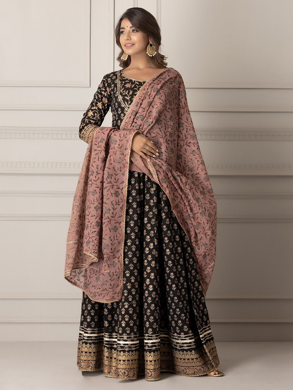 the loom - Black Printed Silk Anarkali Dress