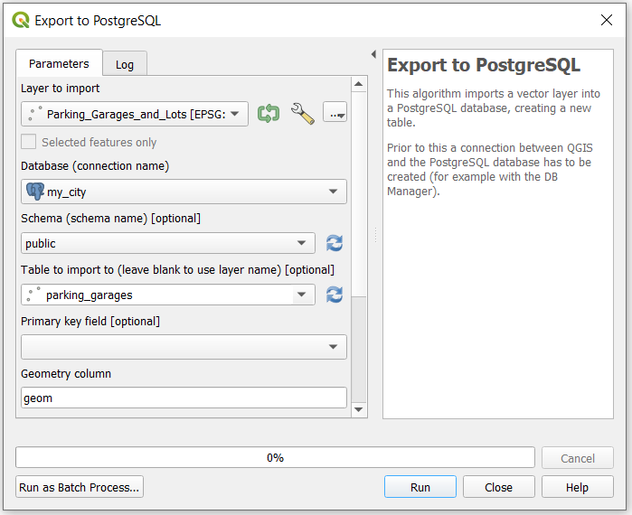 Dialog box for Export to PostgreSQL, with options for selecting the layer to import, database name, schema, table to import to, etc