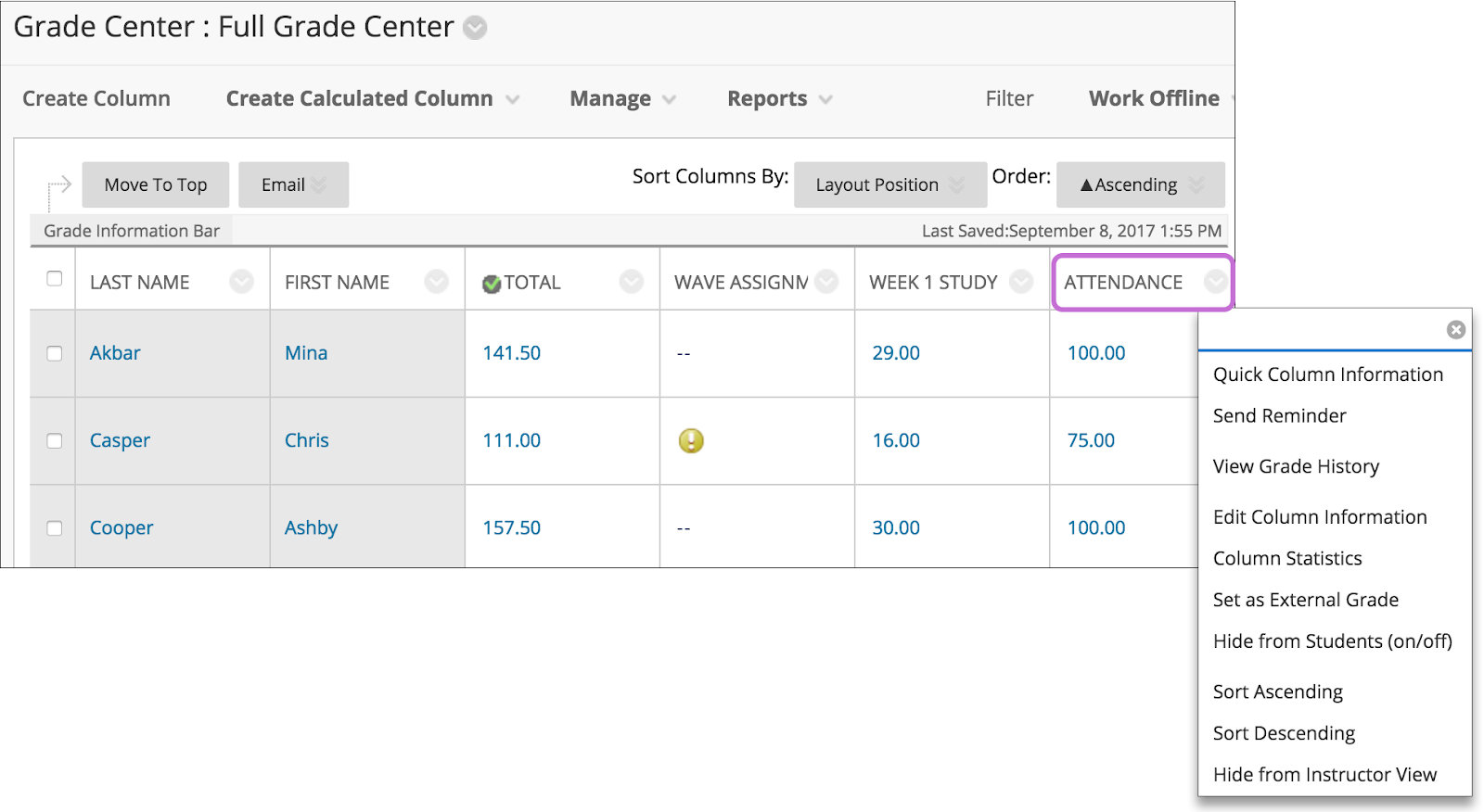 Image showing the attendance column in the Full Grade Center