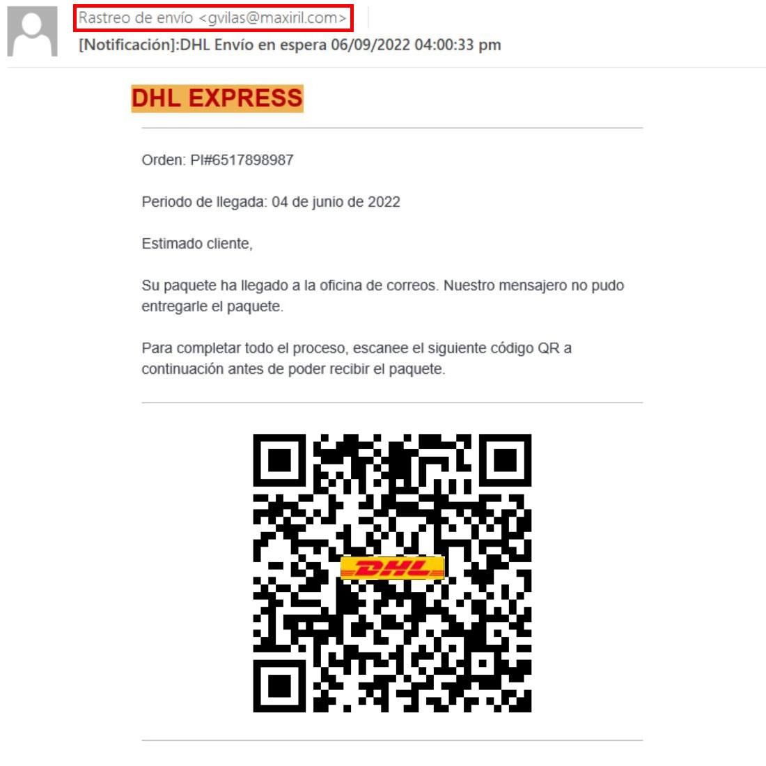 E-mail with QR code supposedly from DHL. For safety, we replaced the QR code in the screenshot with a harmless one