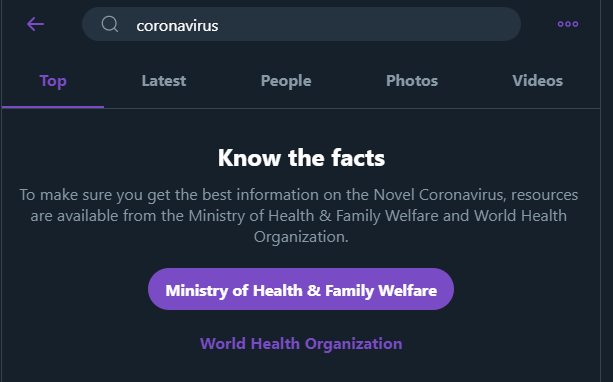 The image shows the search prompt Twitter has set up in order to encourage its users to seek information relating to the virus from official sources