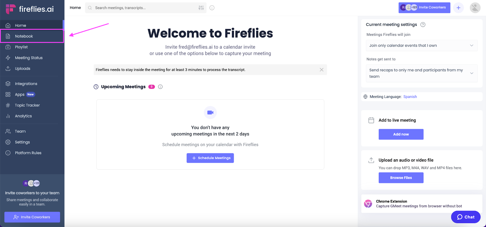 Transcribe audio to text - Go to Fireflies Notebook