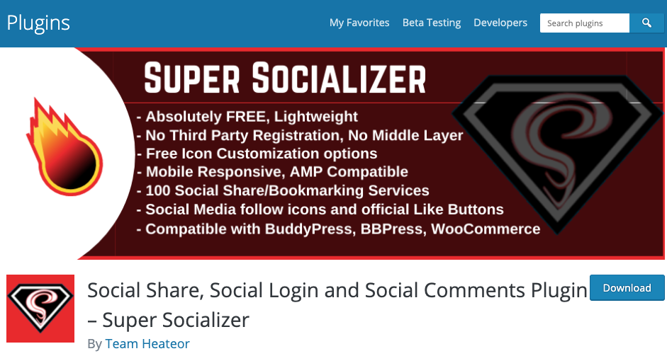 超级社交者wordpress插件下载页面具有燃烧的圆圈和超人风格的标志