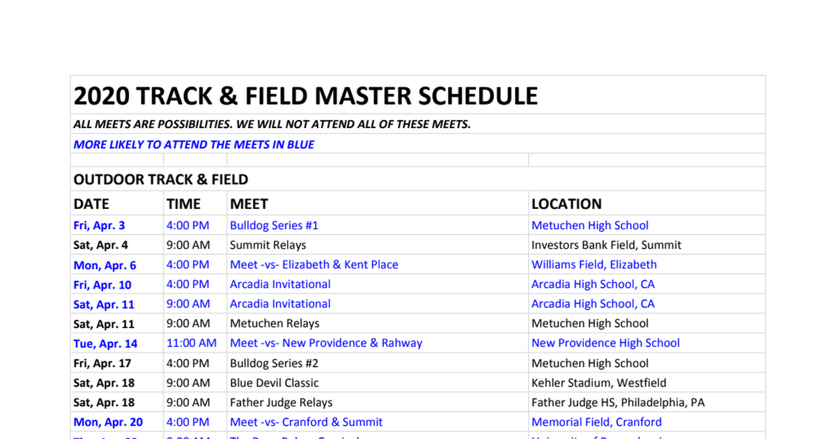 2020 Track & Field Master Schedule Google Sheets