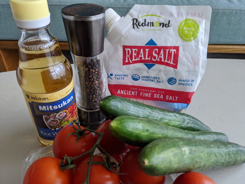 rice vinegar, salt, pepper, cucumbers and tomatoes were a staple during keto boot camp trip