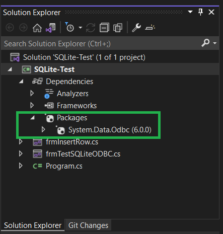 The result of installing the ODBC package as seen in Solution Explorer in Visual Studio.