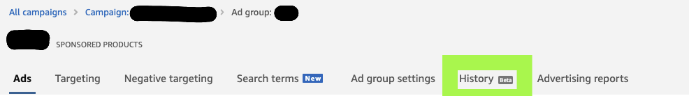 The 'History' tab in the Ad Group settings.
