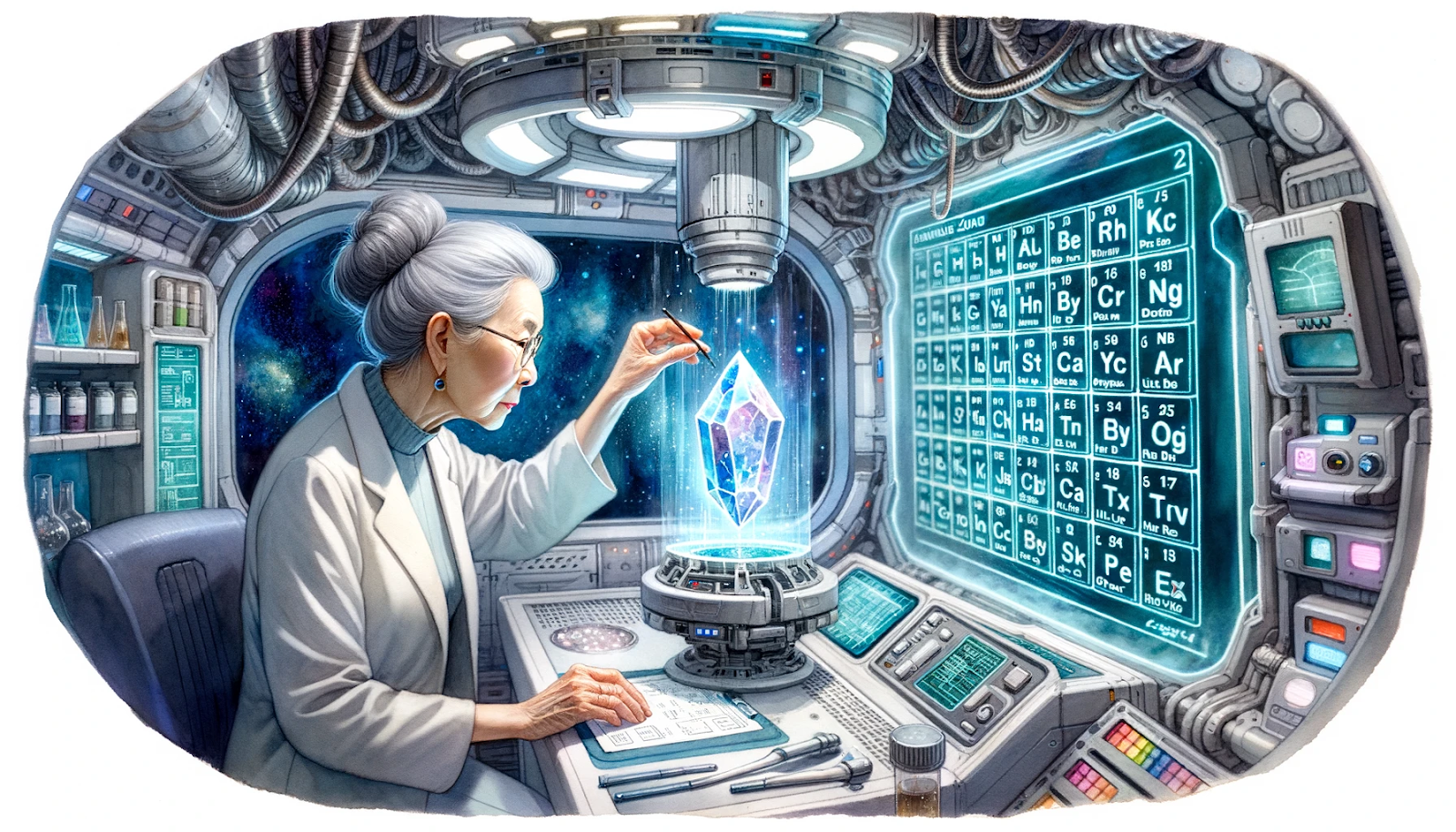 Prompt
Watercolor painting of the inside of a lab module, with Dr. Lydia Zhang, an older woman with greying hair, analysing the crystal using advanced equipment, while a holographic periodic table floats beside her, missing the element they just found.