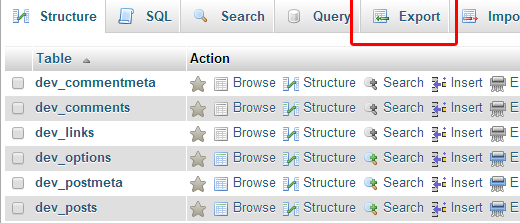 Botão Exportar phpMyAdmin