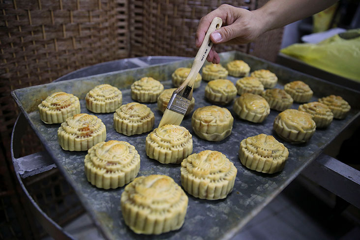 You need to add beaten egg over the mooncake for it to get a deep golden brown colour.