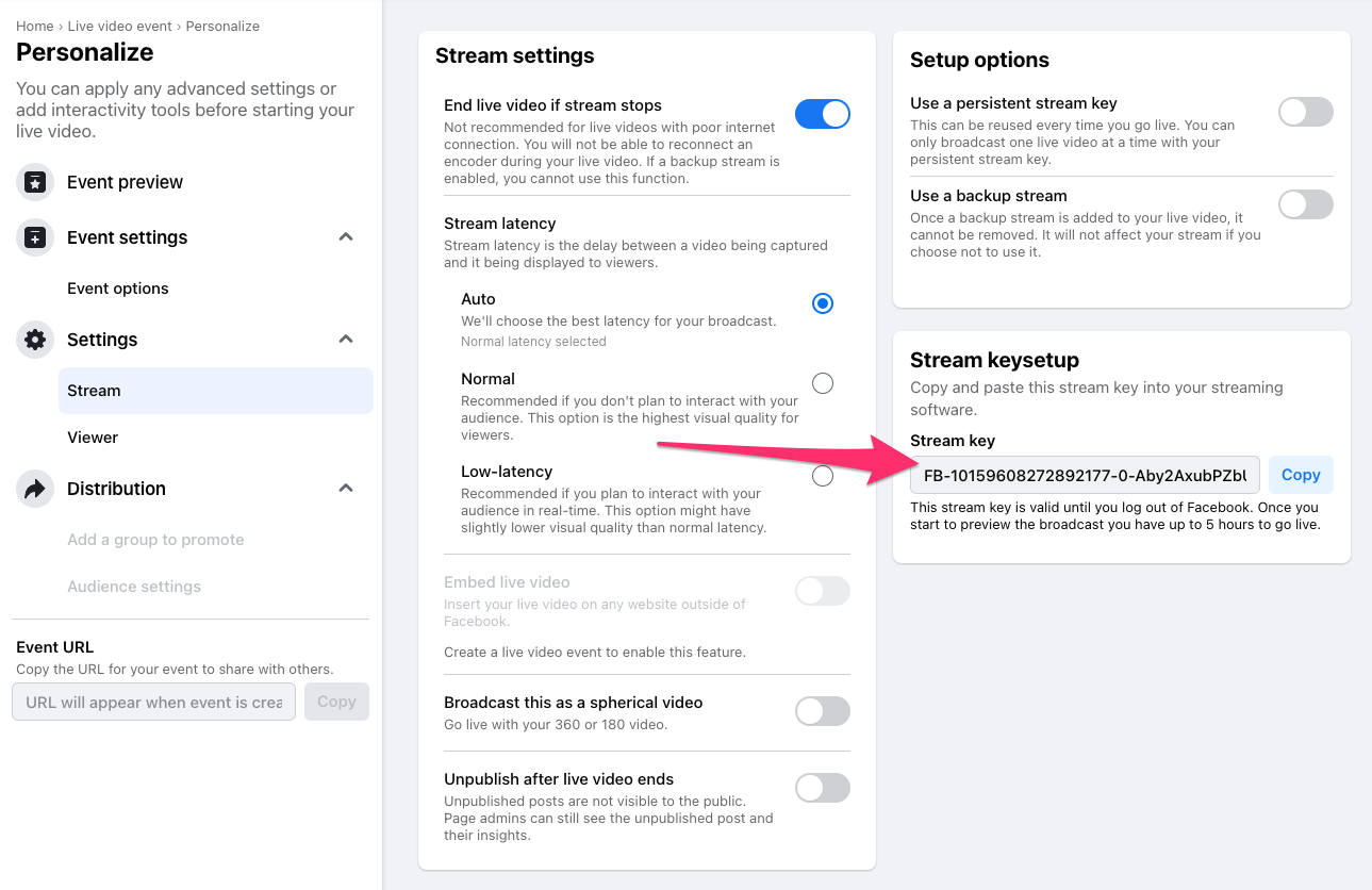 Finding your stream key in Facebook Live Producer Studio