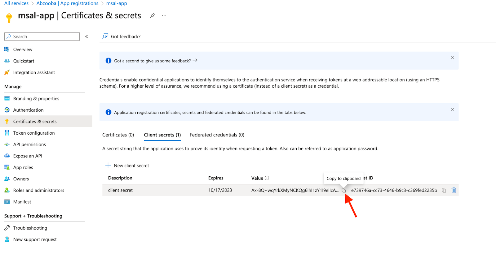 Screenshot from an application registration portal showing the 'Certificates & secrets' section for 'msal-app' with a client secret listed, including an obscured value and an expiration date.