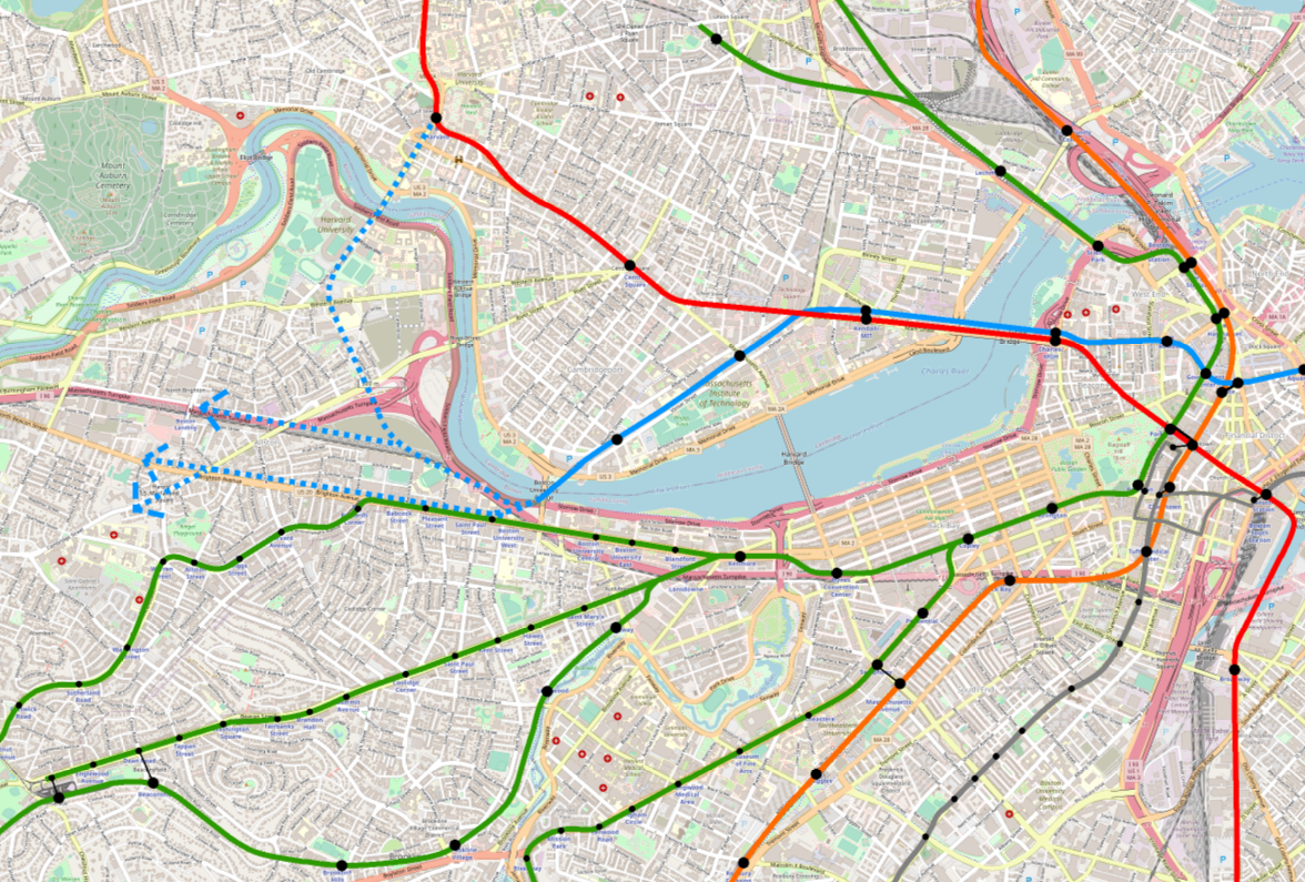 A map of the current MBTA rapid transit system, showing Back Bay, Longwood, Brookline, Allston, and Cambridge. The Blue Line is extended to Charles/MGH and then across the river to Kendall/MIT, where it then turns under the Grand Junction, stopping at Mass Ave, continuing on with a stop at Cambridgeport near Amesbury St, and continuing across the BU Bridge. Dotted lines mark possible extensions west to Allston/Brighton via Commonwealth or via the Mass Pike, or north to Harvard Square via Allston.