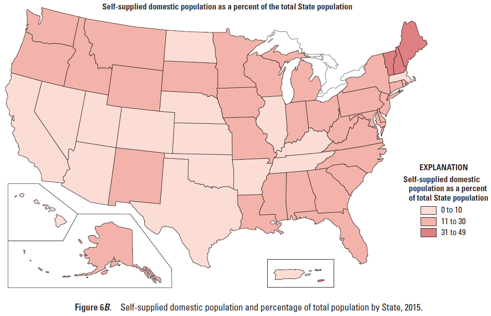 Map of U.S., by state, showing percentage of state's population using self-supplied water