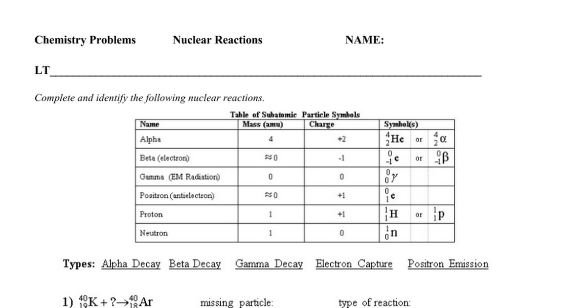 Nuclear reactions worksheet answers