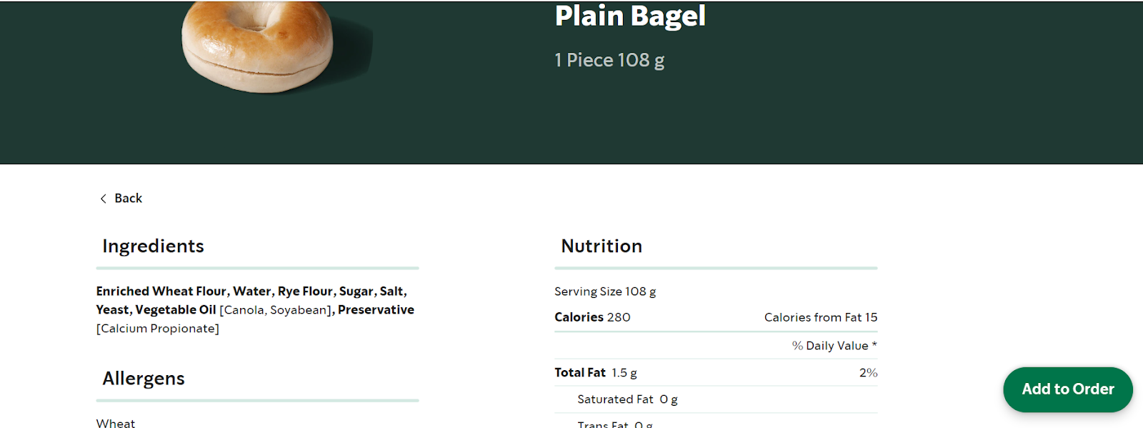 Screenshot of the plain bagel ingredients list