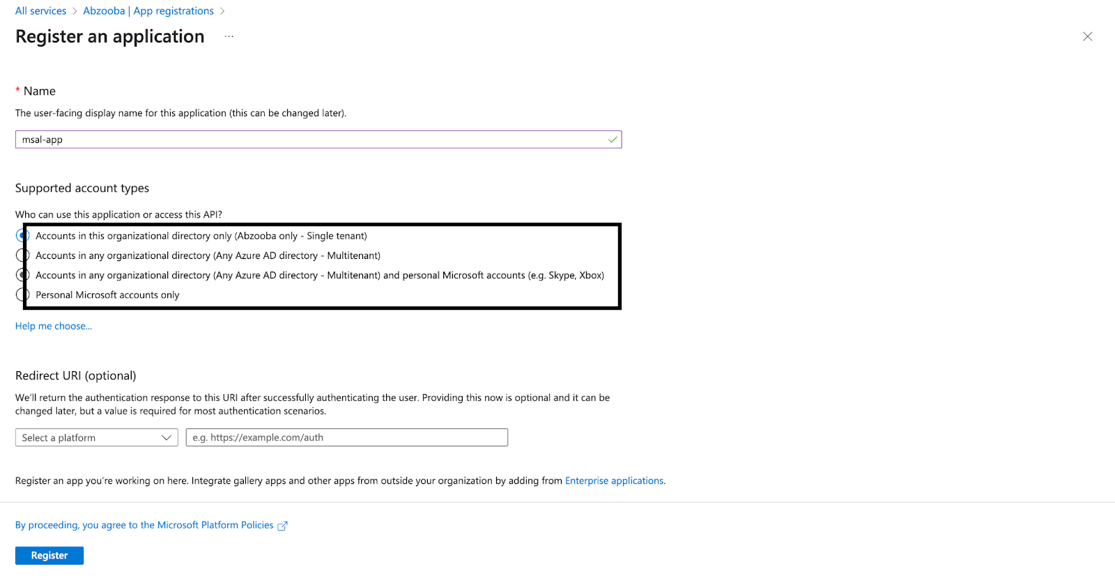 Application registration form in Azure Active Directory with fields for Name, Supported account types, and Redirect URI, with 'msal-app' entered as the name."