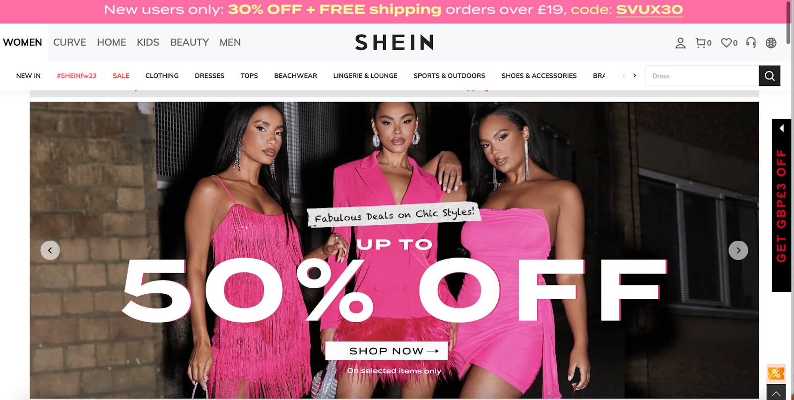A screenshot of the SHEIN homepage. 