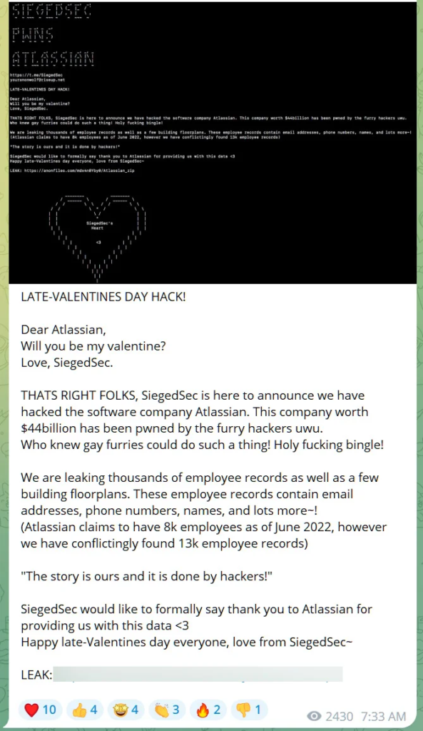 Atlassian Pawned by hacker group Siegedsec. The post by Siegedsec.