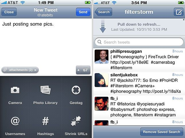 Example of tweetie interface in ios styling of later 2000s (very blue with gradients) and a pull down to refresh action).
