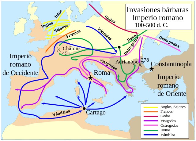 Mapa mostra as migrações motivadas por diferentes invasões bárbaras.