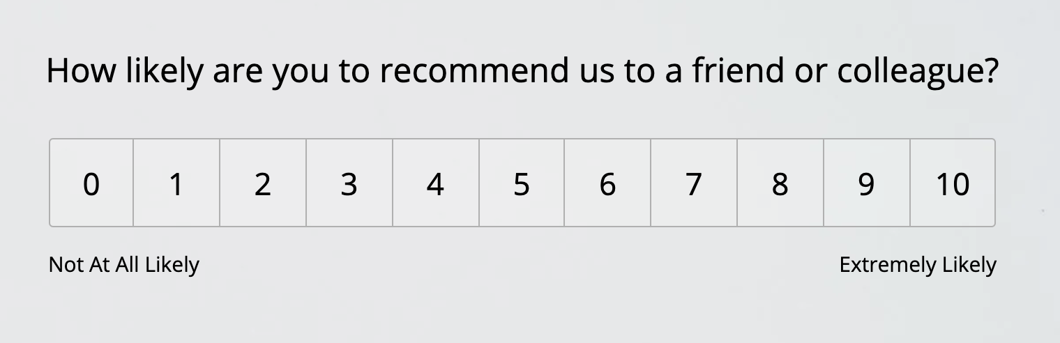 Example of a Net Promoter Score (NPS) customer satisfaction survey question labeled “How likely are you to recommend us to a friend or colleague?