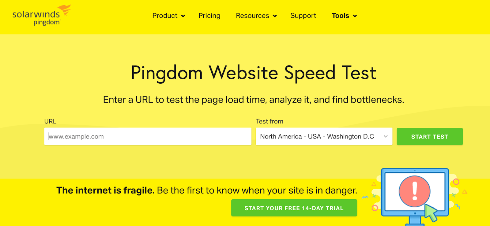 Homepage of Pingdom Website Speed Test