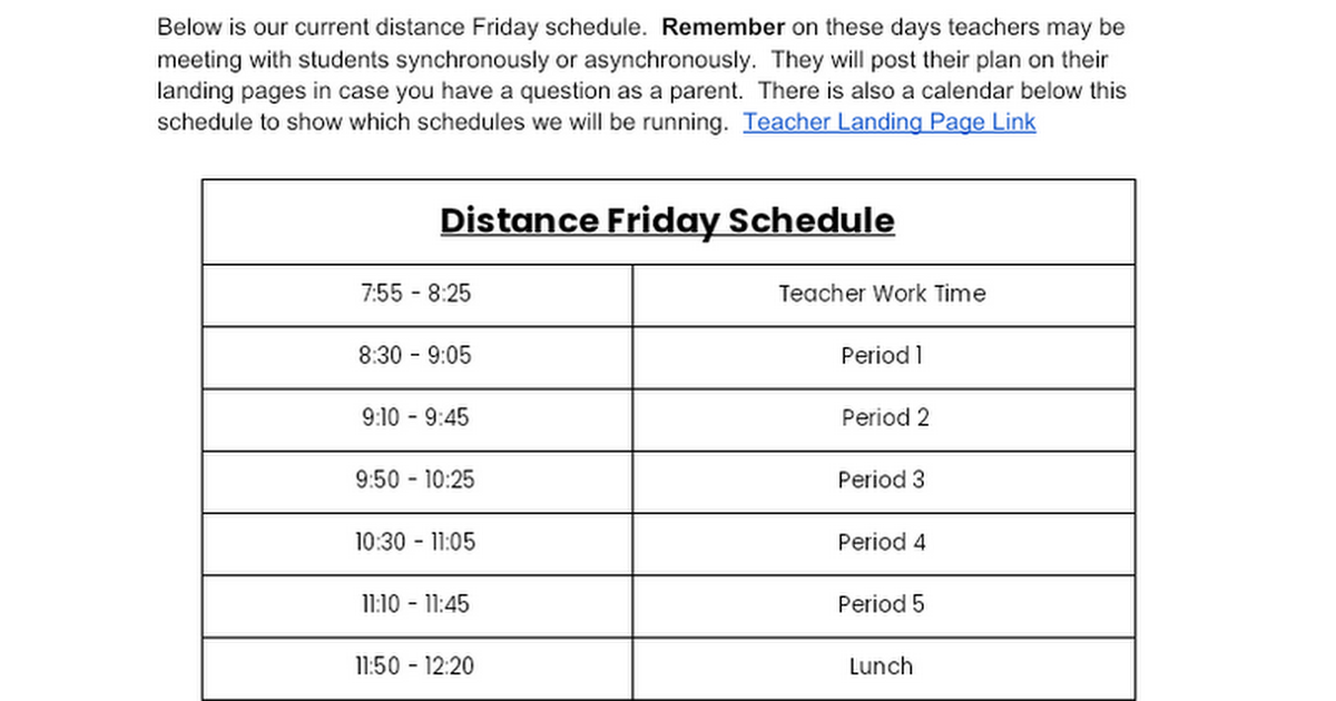 DLHS Distance Learning Friday Schedule