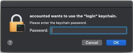 Accountsd wants to use the login keychain