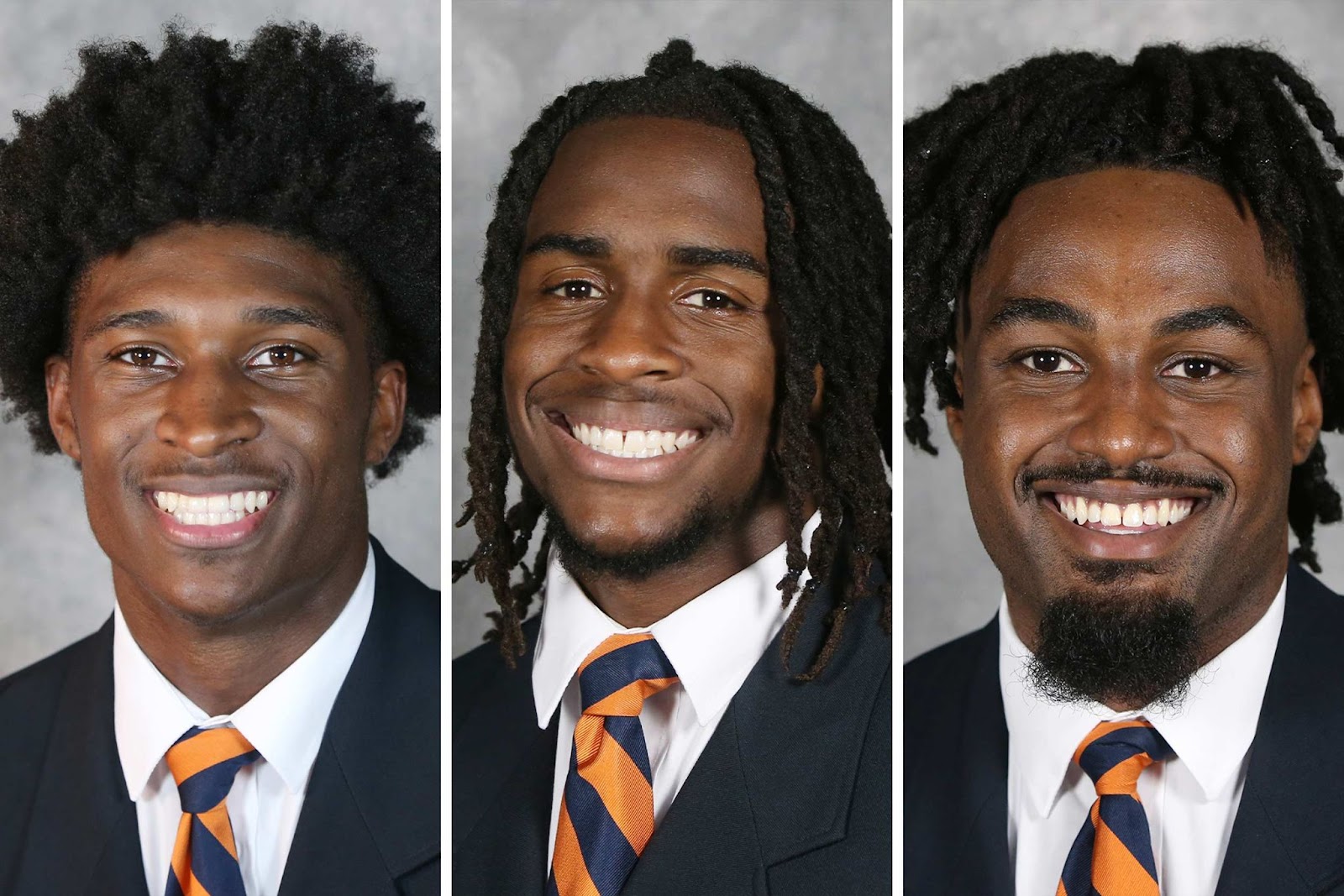 Picture shows three individual headshots of three smiling men side by side each wearing a navy suit with a white shirt and blue and orange striped tie.