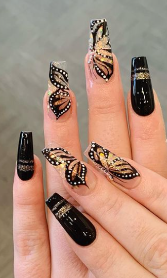 Golden Fly Butterfly Nail Design