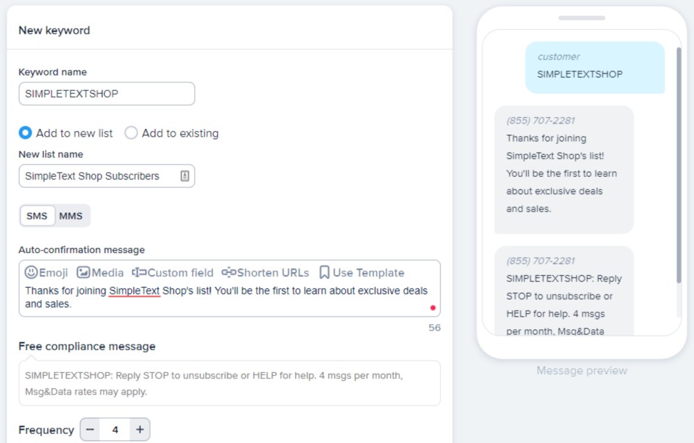 Screenshot of creating a new keyword in SimpleTexting's opt-in text message service