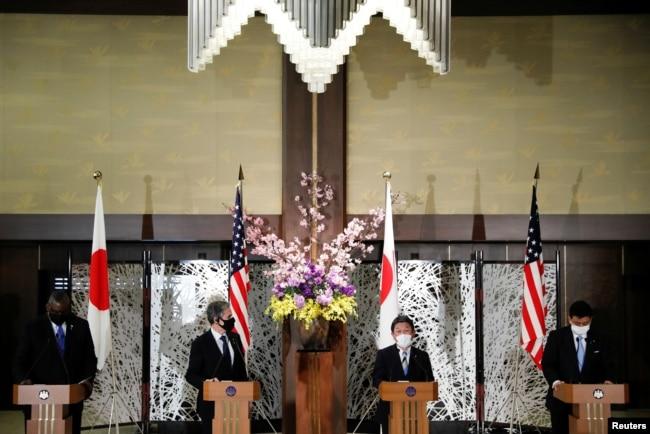 美国与日本2021年3月16日在东京举行外长及防长2加2会谈(路透社)