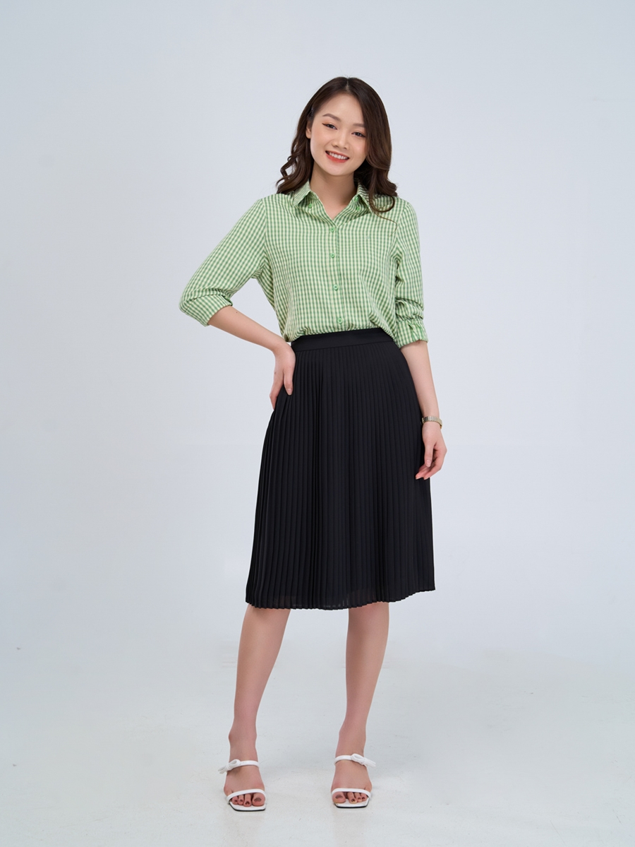 Chân Váy Xòe Dài Xếp Ly Lưng Thun áo sơ mi caro